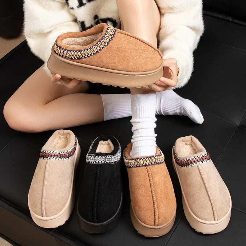 Cozy winter slippers for women with soft plush linin, non-slip soles, and stylish embroidered design- perfect for keeping your feet warm indoors