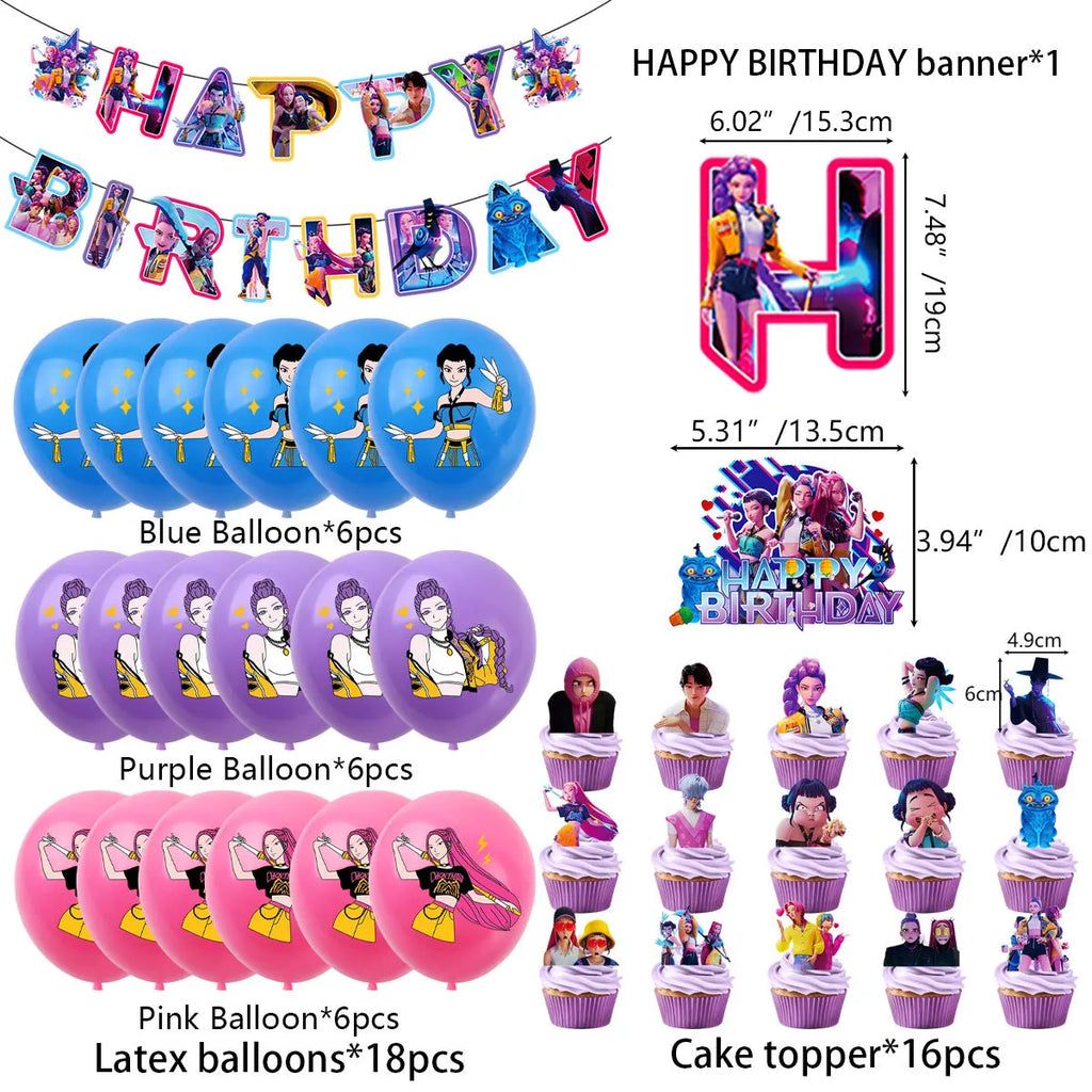 Power up your celebration with this KPop Demon Hunters Birthday Party Set! Featuring adorable Rumi, Mira, and Zoey designs, this themed kit brings action-packed fun to any party