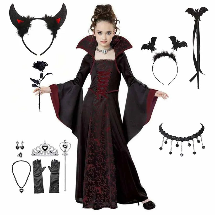 Transform your little one into a spellbinding creature of the night with this enchanting Halloween Fantasy Vampire Costume! Perfect for girls who love a touch of mystery and magic, this long tutu dress combines gothic elegance with playful charm