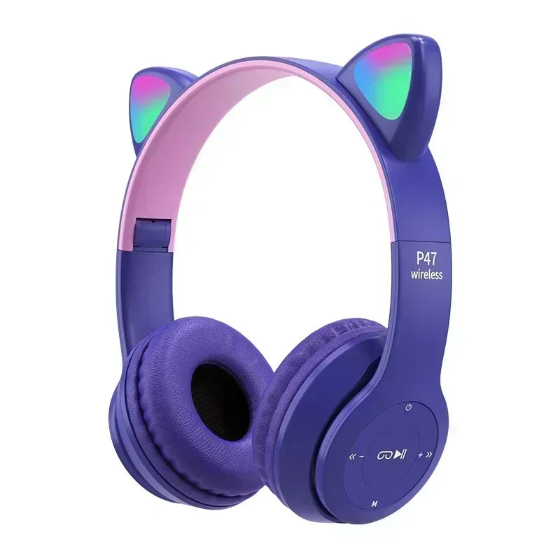 Level up your audio game with the P47M Wireless Cat Ear Headset! Designed for gamers and music lovers, these Bluetooth headphones feature LED cat ears, noise-cancelling tech, and a comfy fit for all-day wear