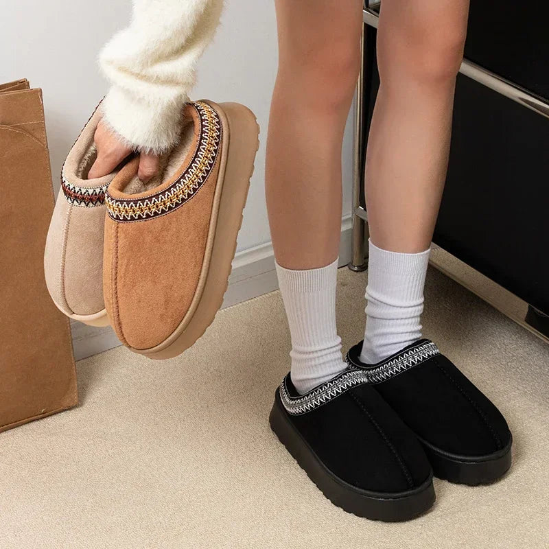 Cozy winter slippers for women with soft plush linin, non-slip soles, and stylish embroidered design- perfect for keeping your feet warm indoors