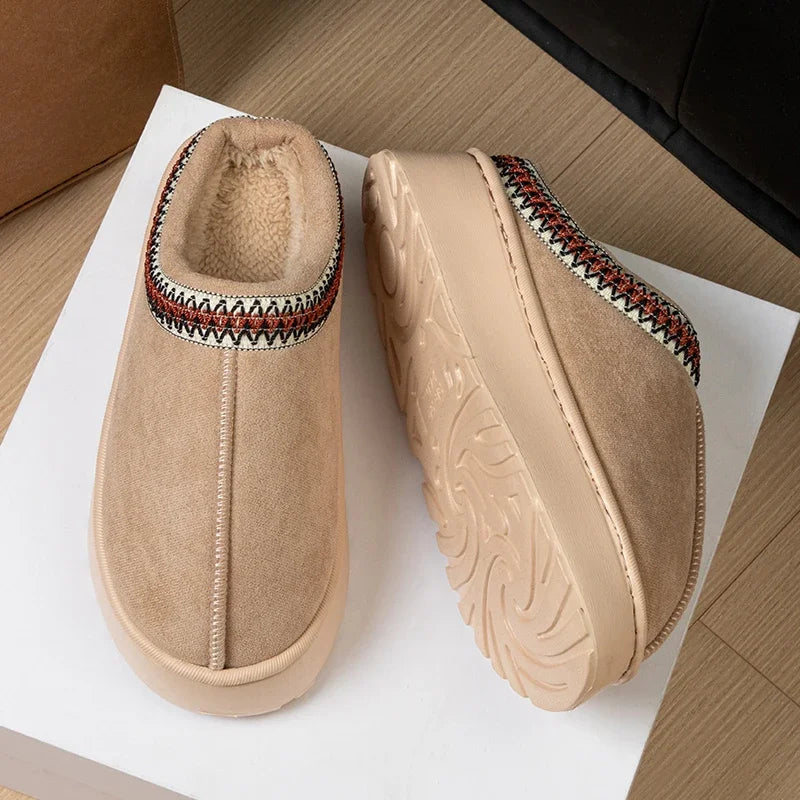 Cozy winter slippers for women with soft plush linin, non-slip soles, and stylish embroidered design- perfect for keeping your feet warm indoors