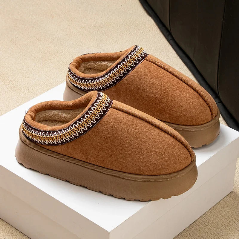 Cozy winter slippers for women with soft plush linin, non-slip soles, and stylish embroidered design- perfect for keeping your feet warm indoors