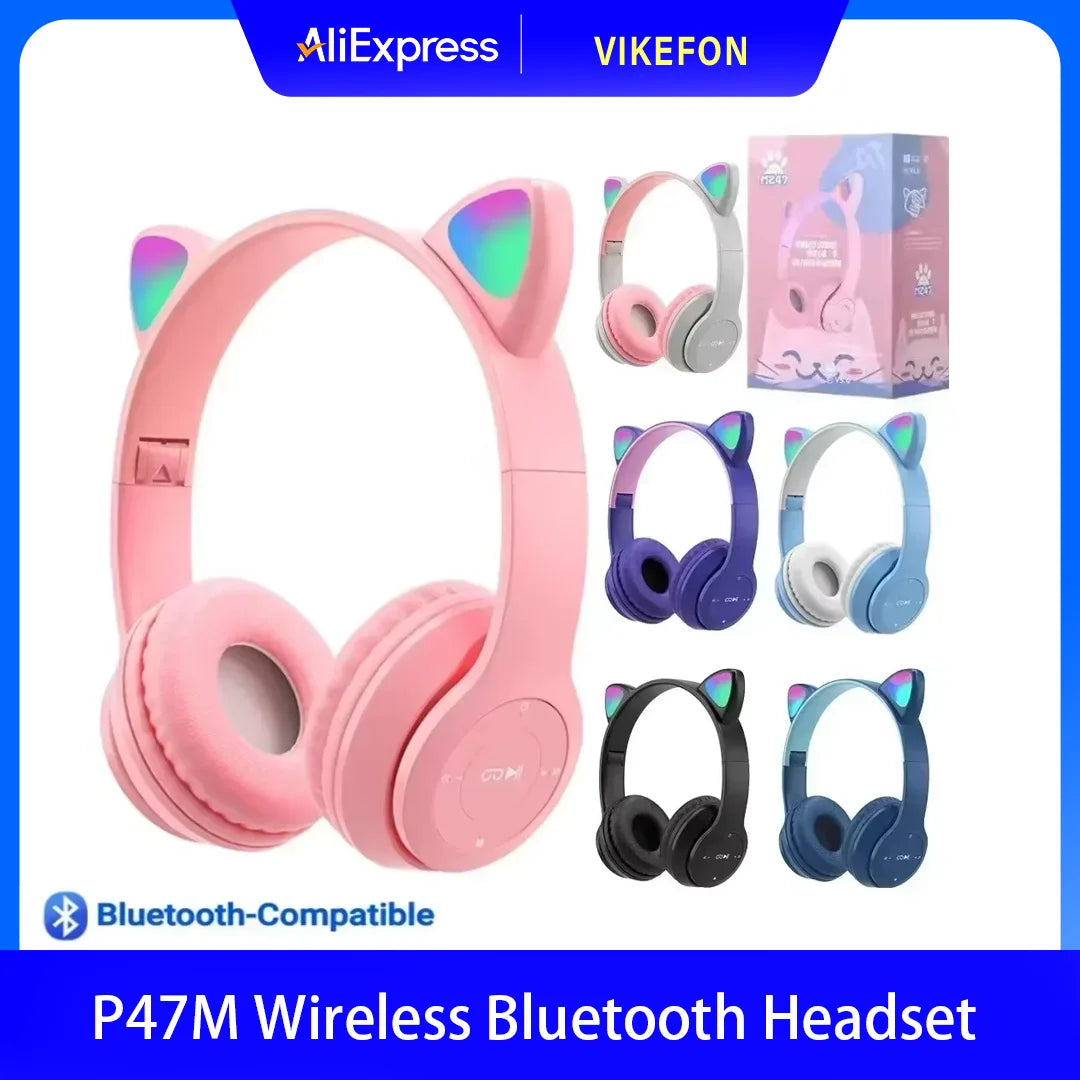 Level up your audio game with the P47M Wireless Cat Ear Headset! Designed for gamers and music lovers, these Bluetooth headphones feature LED cat ears, noise-cancelling tech, and a comfy fit for all-day wear